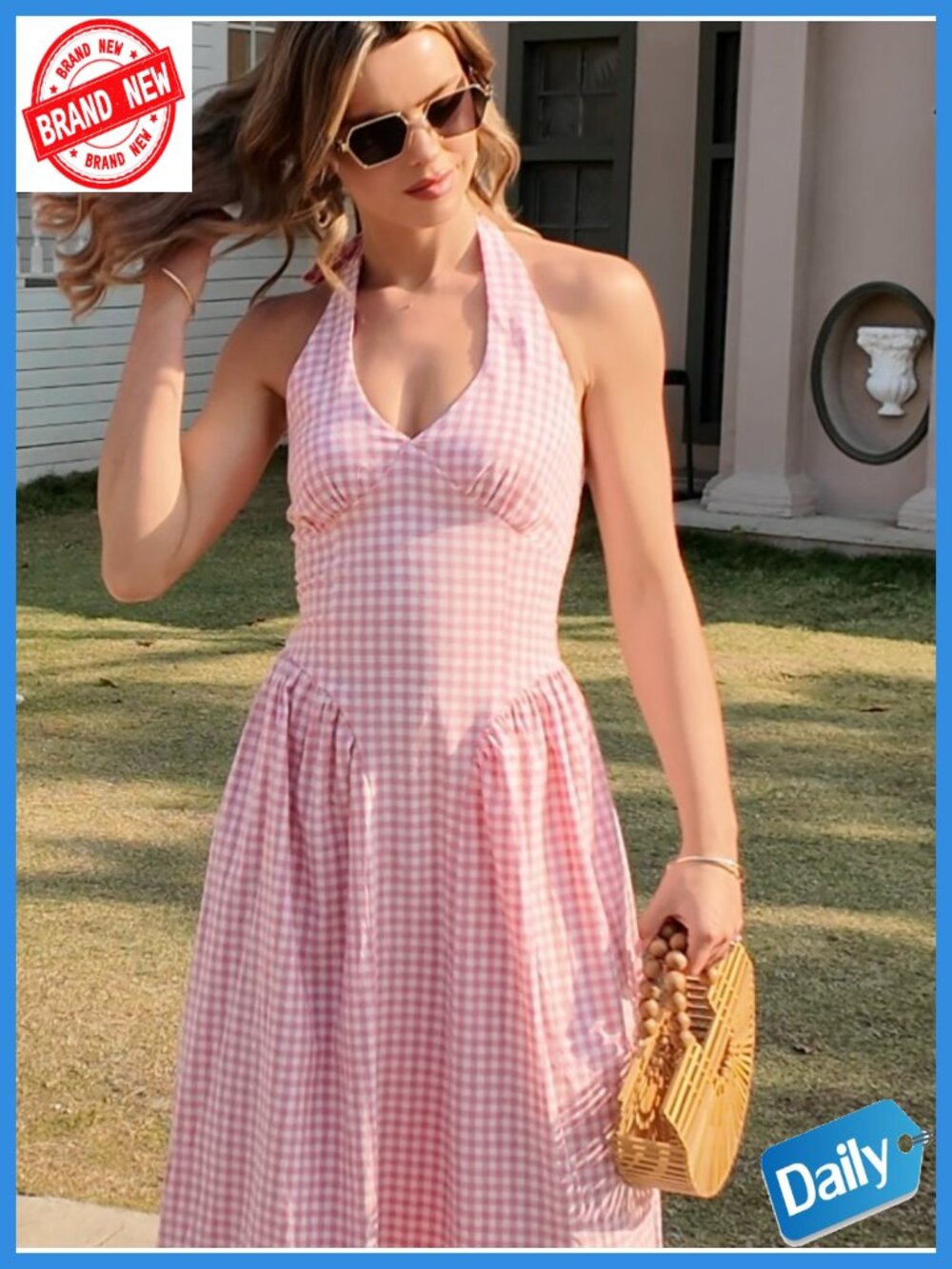 Wenrine Womens Halter V Neck Corset Maxi Dress Summer Plaid Smocked Tie Back - Picture 6 of 6